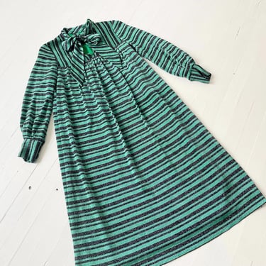 1970s Metallic Green + Black Striped Dress with Tie Neck 