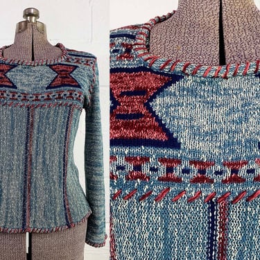 Vintage Penrose Sweater Bell Sleeves Blue Space Dyed Scoop Neck Long Sleeve Ikat Aztec Western TV Movie Costume 70s 1970s Medium 