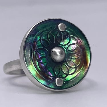 Dark Abalone Ring with Two Rivets and Silver Ball