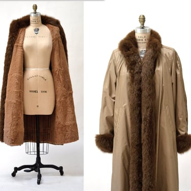 Vintage Fur Jacket Coat Size Large Tan Brown Fur Lined// 80s Vintage Trench Coat with Beaver Fox Fur Collar// Vintage Rain Jacket with Fur 