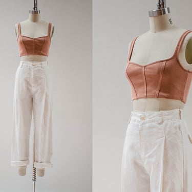 high waisted pants | 80s 90s vintage cream ivory white linen men's women's unisex academia style pleated trousers 