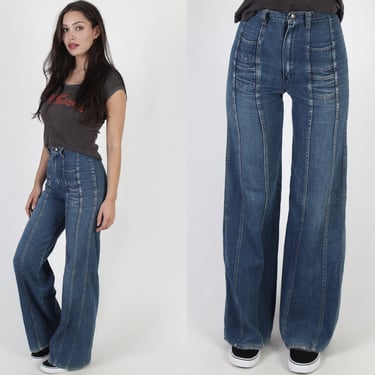 1970s Wrangler Wide Leg Denim Jeans, High Rise Long Bell Bottom Flare Pants XS 