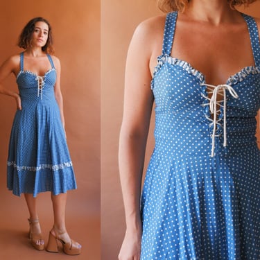 Vintage 70s Polka Dot Lace Up Summer Dress/ 1970s Blue White Cotton Sun Dress/ Size Medium 