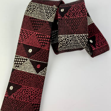 Late 1950'S Geometric Tie - Triangles, Dots & Swirls - Vivid Colors of Maroon, Silver and Black - Silk Fabric - Beautiful Design 