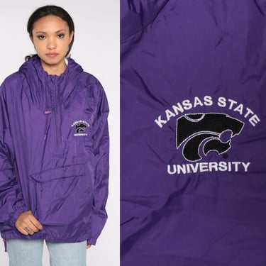 Kansas State University Jacket Y2K Purple Pullover Hooded Windbreaker Half Zip Lined Hoodie College Kangaroo Pocket Vintage Extra Large xl 
