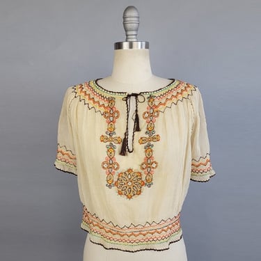 1930s Hungarian Blouse / 1930s Embroidered Peasant Blouse / Size Small Medium 