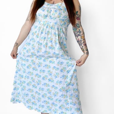 1970s White Floral Empire Waist Dress, sz. L/XL