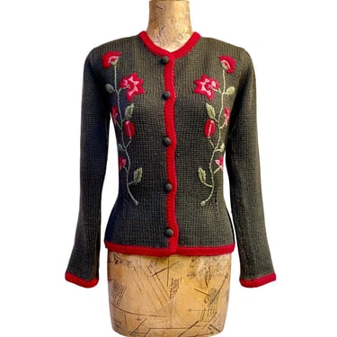 Vintage 1980s The Villager Trachten Style Olive Wool Cardigan, Floral Hand Embroidered Puffed Sleeve Alpine Sweater, Medium 38