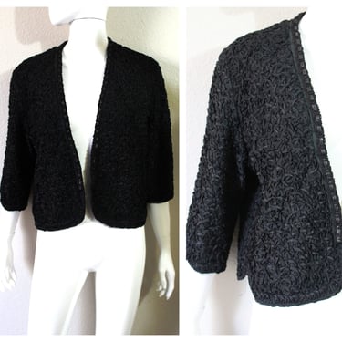 Vintage 1940s 50's Black Rayon Curly RIBBON Soutache Crop bolero sweater shrug Jacket coat cardigan - gorgeous! 