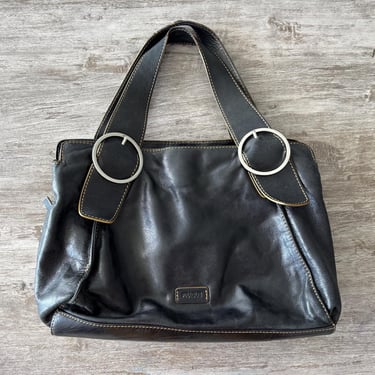 90s Vintage PRAGUE Handbag Black Silver Leather Purse Shoulder Office Casual 
