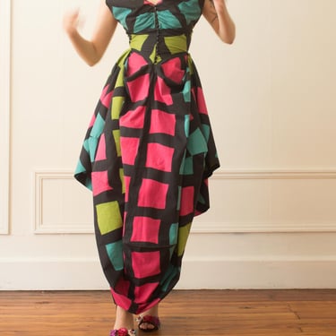 Rare 1950s Colorblock Cotton Convertible Gown 