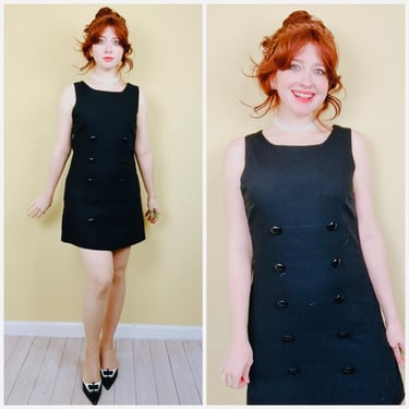 Y2K Vintage Ben Sherman Black Rayon Dress / 90s Double Breasted Mod Shift Dress / Medium 