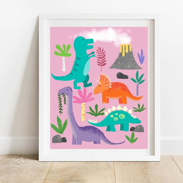 Bright and Colorful Dinosaur Art Print/ 8 X 10 Science Girl's Room Wall Decor/ Animal Illustration/ Kids Bedroom Giclee Print 