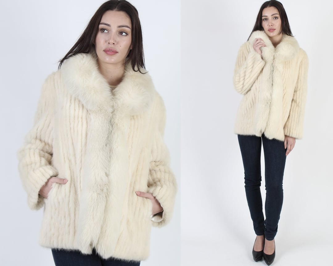 Arctic Fox Fur Coat / Real Fur Jacket With Pockets / Vintage