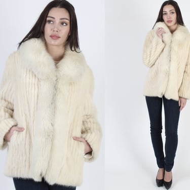 Vintage 80s Blonde Mink Fur Jacket, Plush Real Arctic Fox Trim Coat, Chubby Winter Apres Ski Corded Bomber Overcoat 