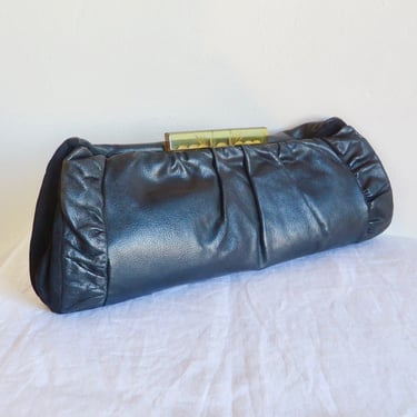 1940's Large Black Leather Rectangular Clutch Amber Lucite Clasp Rockabilly WW2 Era 40's Handbags Clutches 