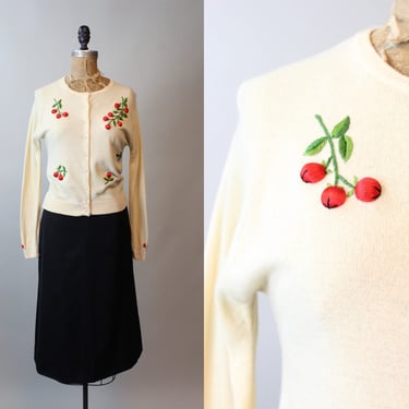 1960s CHERRY 3d embroidered sweater cardigan small medium | new fall 