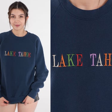 Lake Tahoe Sweatshirt 90s Navy Blue Pullover Sweatshirt Embroidered California Graphic Shirt Raglan Sleeve Ski Sweater Vintage 1990s Medium 
