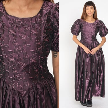 80s Prom Dress Purple Taffeta Party Dress Puff Sleeve Floral Embroidered Basque Waist Fit Flare Maxi Retro Vintage 1980s Formal Small 