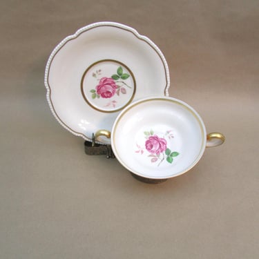 Stunning Rosenthal Castelton China Footed Cream Soup Bowl and Underplate Dolly Madison Rose and Gold 