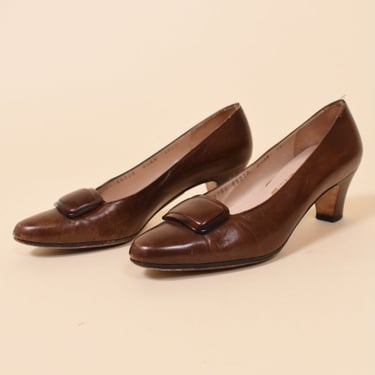 Brown Leather Buckle Heels By Salvatore Ferragamo, 6.5
