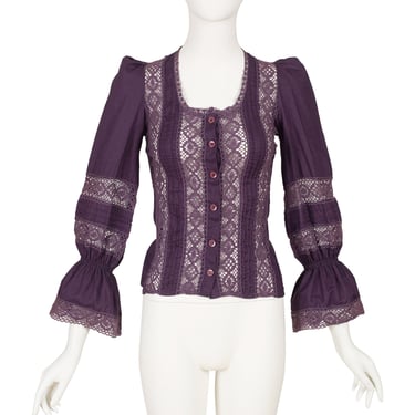Laura Ashley 1971 Vintage Documented Crochet Inset Purple Cotton Blouse SZ XXS 