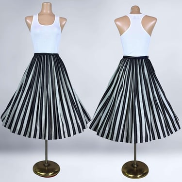 VINTAGE 60s Black & Off-White Striped Pleated Full Skirt 31