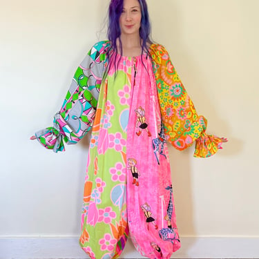 LBV 70’s 6 Fabric Print Clash Psychedelic Neon Clown Suit Jumpsuit Ric Rac Balloon Sleeve