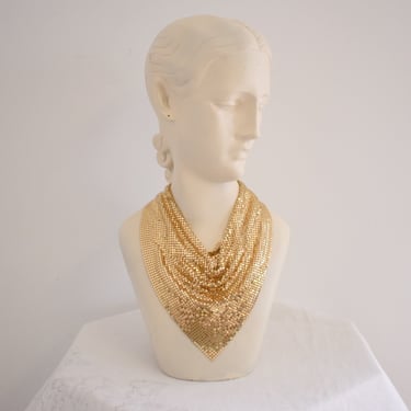 1970s Whiting and Davis Gold Metal Mesh Bib Necklace 