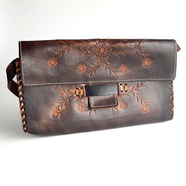 Vintage Brown Tooled Floral Shoulder Bag
