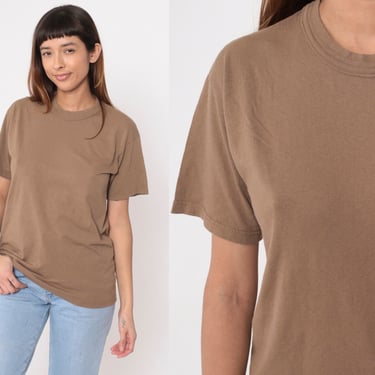 90s Brown Shirt Plain Cotton Blend TShirt Blank Short Sleeve T Shirt Retro Tee Vintage 1990s Basic Neutral Earth Tone Top Medium 