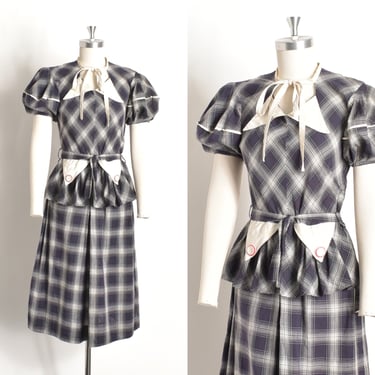 Vintage 1940s Dress / 40s Plaid Cotton Puff Sleeve Dress / Navy Blue White ( small S ) 
