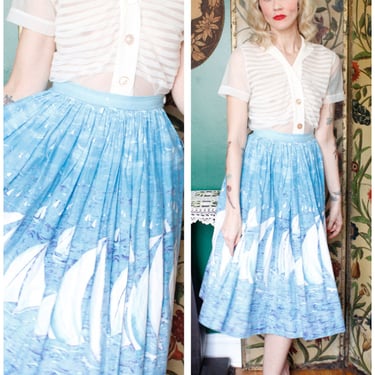1950s Skirt // RARE Regatta Sail Boat Border Skirt // vintage 50s skirt 