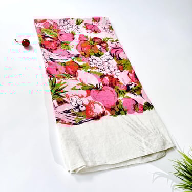 Vintage Pink Fruit Tablecloth Square 48”, Summer Table Linen Picnic Decor, Retro Pink Red & Green, Mid Century Cherry Strawberry Pineapple 