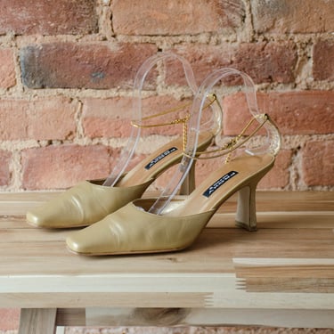 gold leather heels | 90s y2k vintage Proxy gold chain strap ankle bracelet square toe curved heel pumps size 8.5 