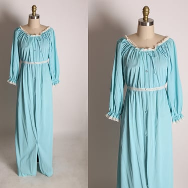 Late 1960s Turquoise Blue & White Lace Trim 3/4 Length Sleeve Full Length Button Up Night Gown Robe by Texsheen -M 