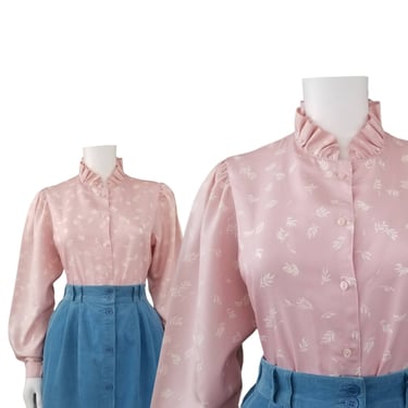 Vintage Pink Prairie Blouse, Small Medium / 70s Ruffled High Neck Blouse / Boho Western Button Blouse / 1970s Long Sleeve Dress Blouse 