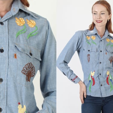 Levis Chambray Button Up Shirt Hippie Embroidered Western Top 70s Levi Strauss Hippy Blouse 