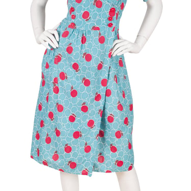 1930s Vintage Apple Novelty Print Blue Cotton House Dress Sz L 