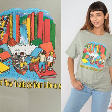 Library T-Shirt Y2K Reading Shirt Discover New Trails Graphic Tee Retro Nerd Bookworm Reader TShirt Reading Adventure Vintage 00s Medium M 