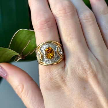 Gorgeous Orange Crystal Silver &amp; Gold Cocktail Ring Size 7.5