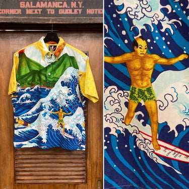 Vintage 1960’s Samurai Pop Art Cartoon Cotton Surfer Tiki Hawaiian Shirt, 60’s Vintage Clothing 