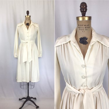 Vintage 70s dress | Vintage ivory white shirtwaist dress | 1970s Ayres Unlimited button front dress 
