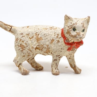 Antique Small 1930's Shabby German Cat, Vintage Hand Painted Composite Toy, Red Bow 