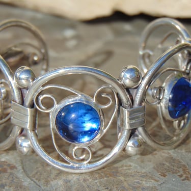 Quinto ~ Vintage Taxco Sterling Silver and Blue Glass Open Cuff Bracelet - 45 Grams 