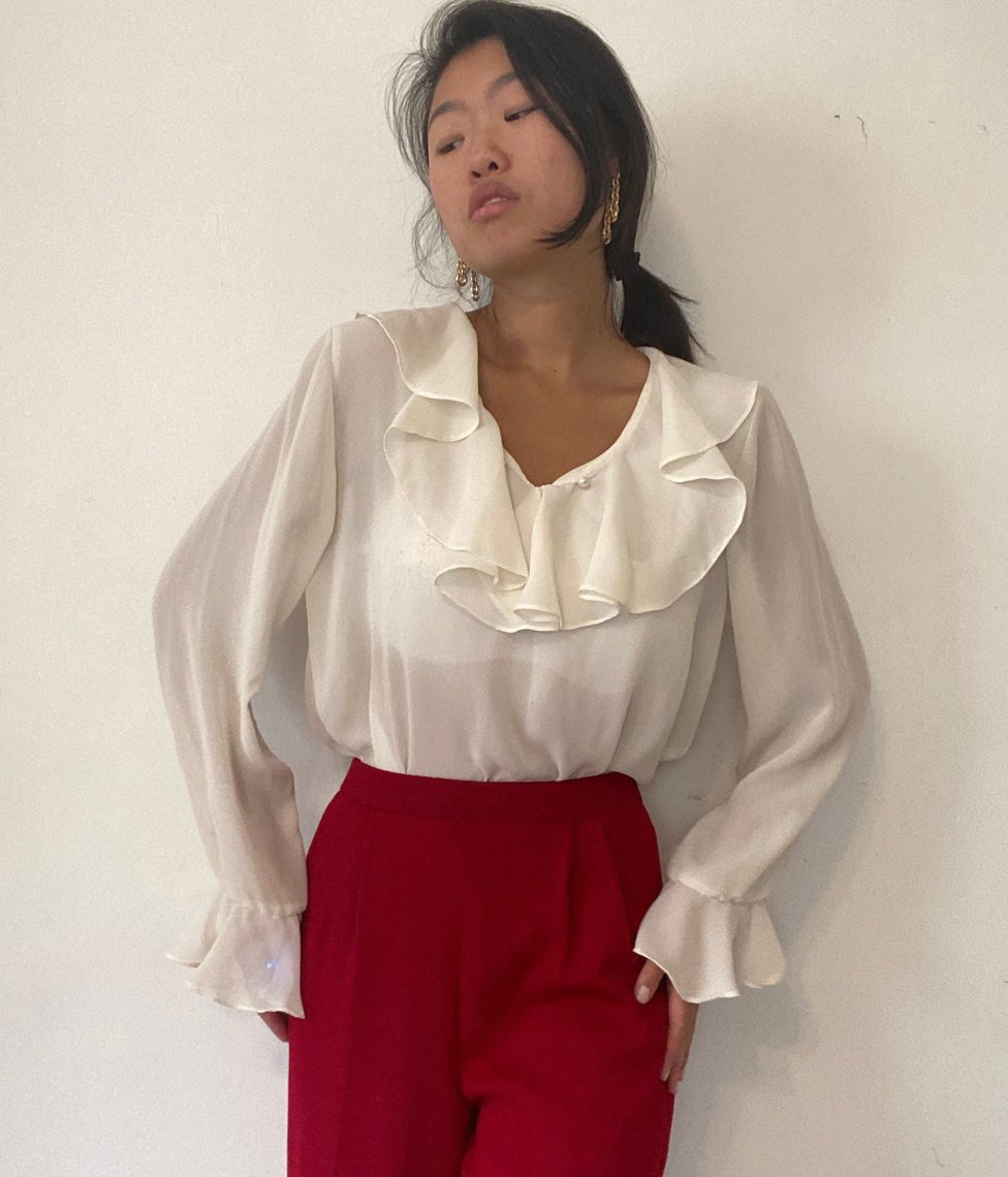90s sheer poet ruffle blouse / vintage bone white sheer