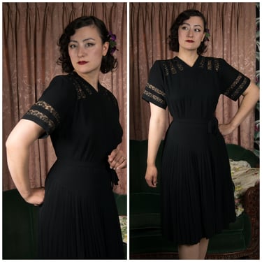 1940s Dress -  Vamp Vintage 40s Power Dress with Squared Shoulders, Nude Illusion Lace and Pleated Skirt 