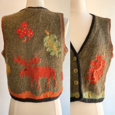 Cutest Vintage 80s Hand Knit MOOSE Vest / Fall Leaves 