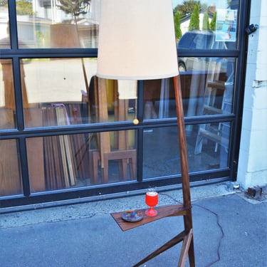 Striking Solid Walnut Cantilever Floor Lamp w/ Table & Conical Shade
