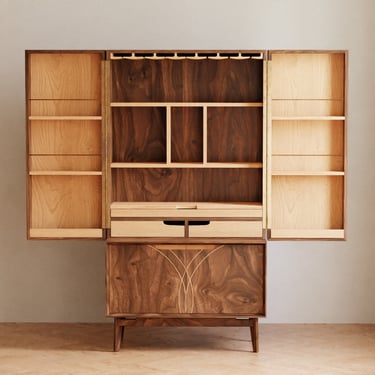 Wet bar cabinet with storage in solid walnut wood - Mcm credenza sideboard buffet - Modern home bar display 